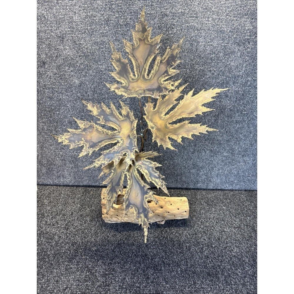 Vtg~Brass Style Leaf Sculpture Mounted on a Piece of Driftwood